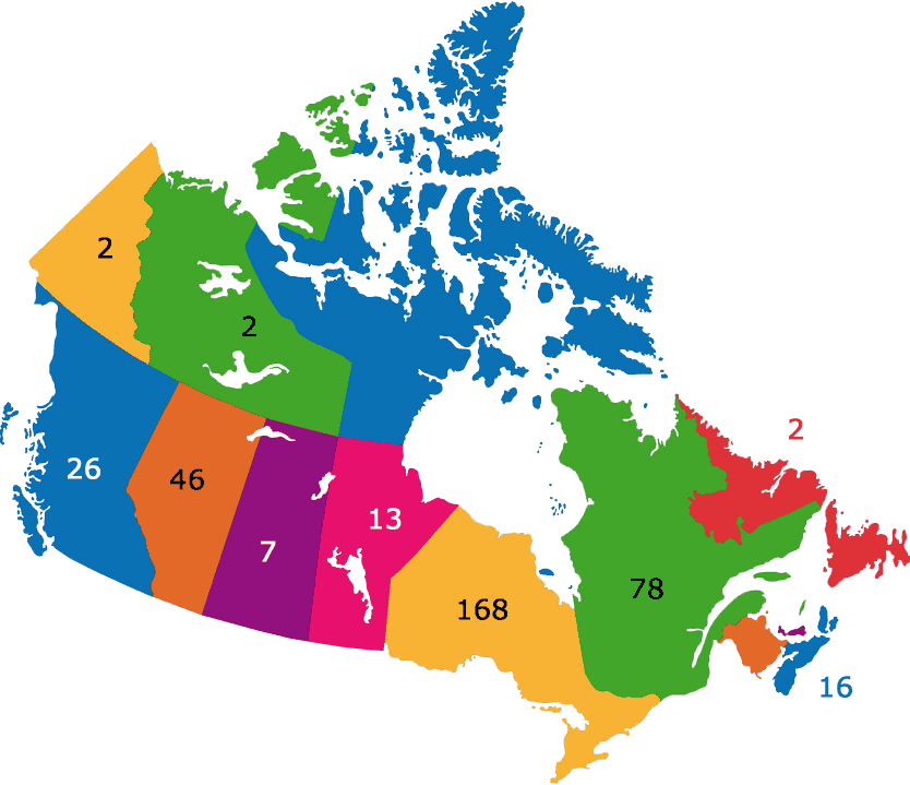Yukon – 2
Territoires du Nord-Ouest – 2 
Colombie-Britannique – 26 
Alberta – 46  
Saskatchewan – 7 
Manitoba – 13 
Ontario – 168 
Québec – 78 
Terre-Neuve-et-Labrador – 2 
Nouvelle-Écosse – 16 
