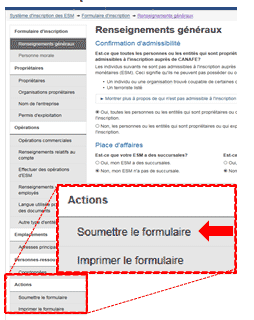 La figure 3 présente la section « Soumettre le formulaire » qui se trouve sous les « Actions », au bas du menu de gauche. 